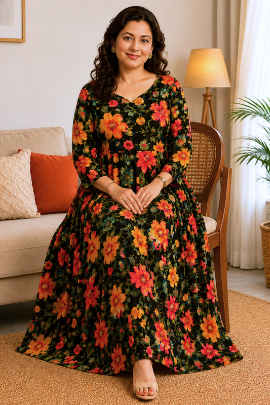 Midnight Fleur Foiled Rayon Dress With Pockets