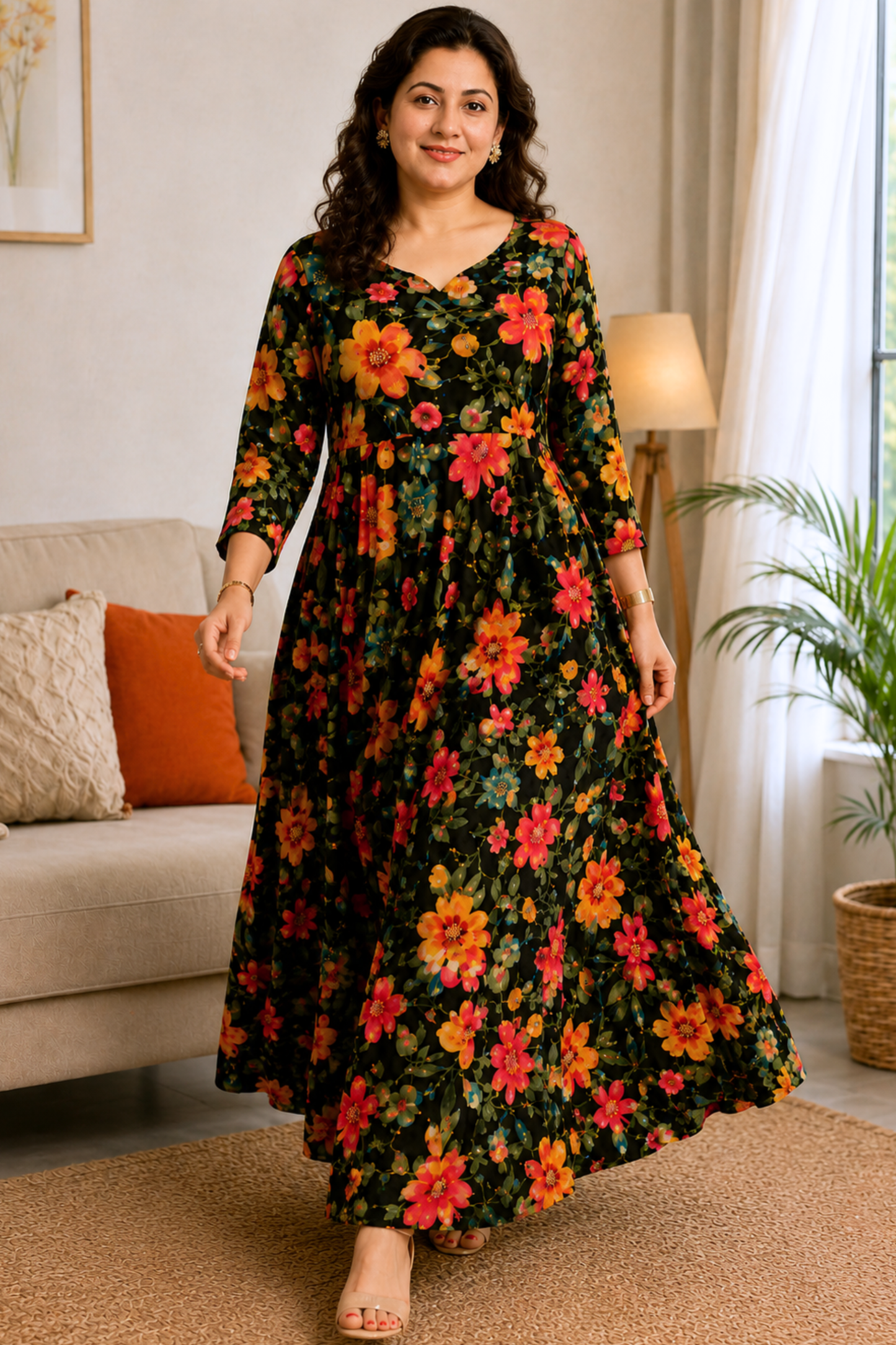 Midnight Fleur Foiled Rayon Dress With Pockets