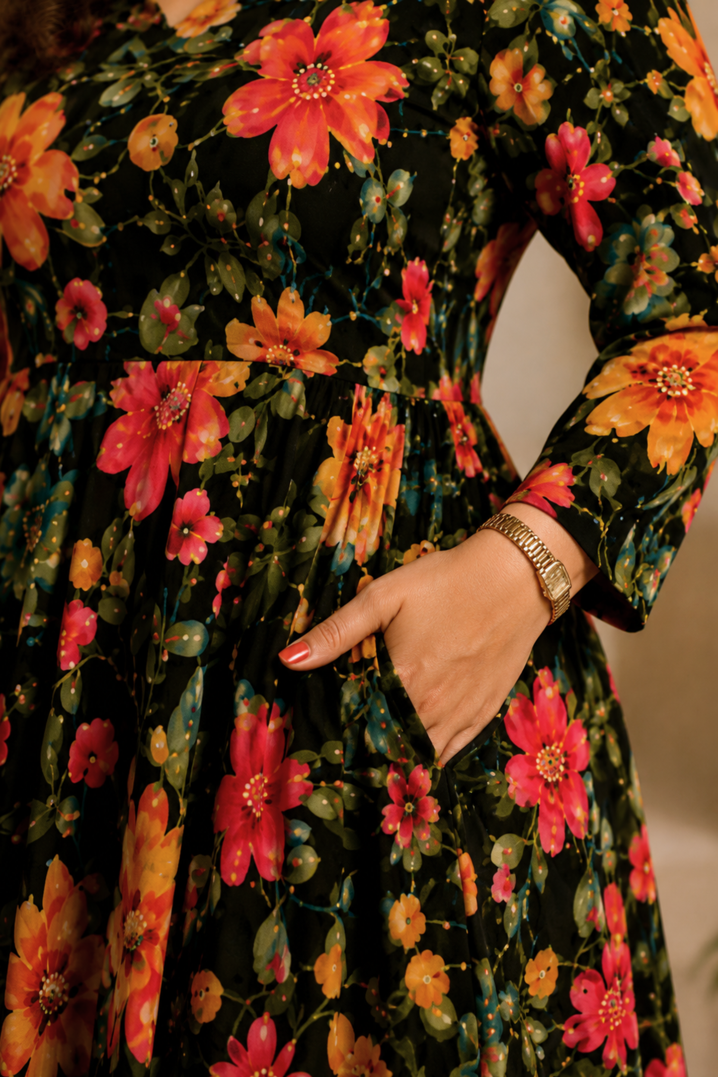 Midnight Fleur Foiled Rayon Dress With Pockets