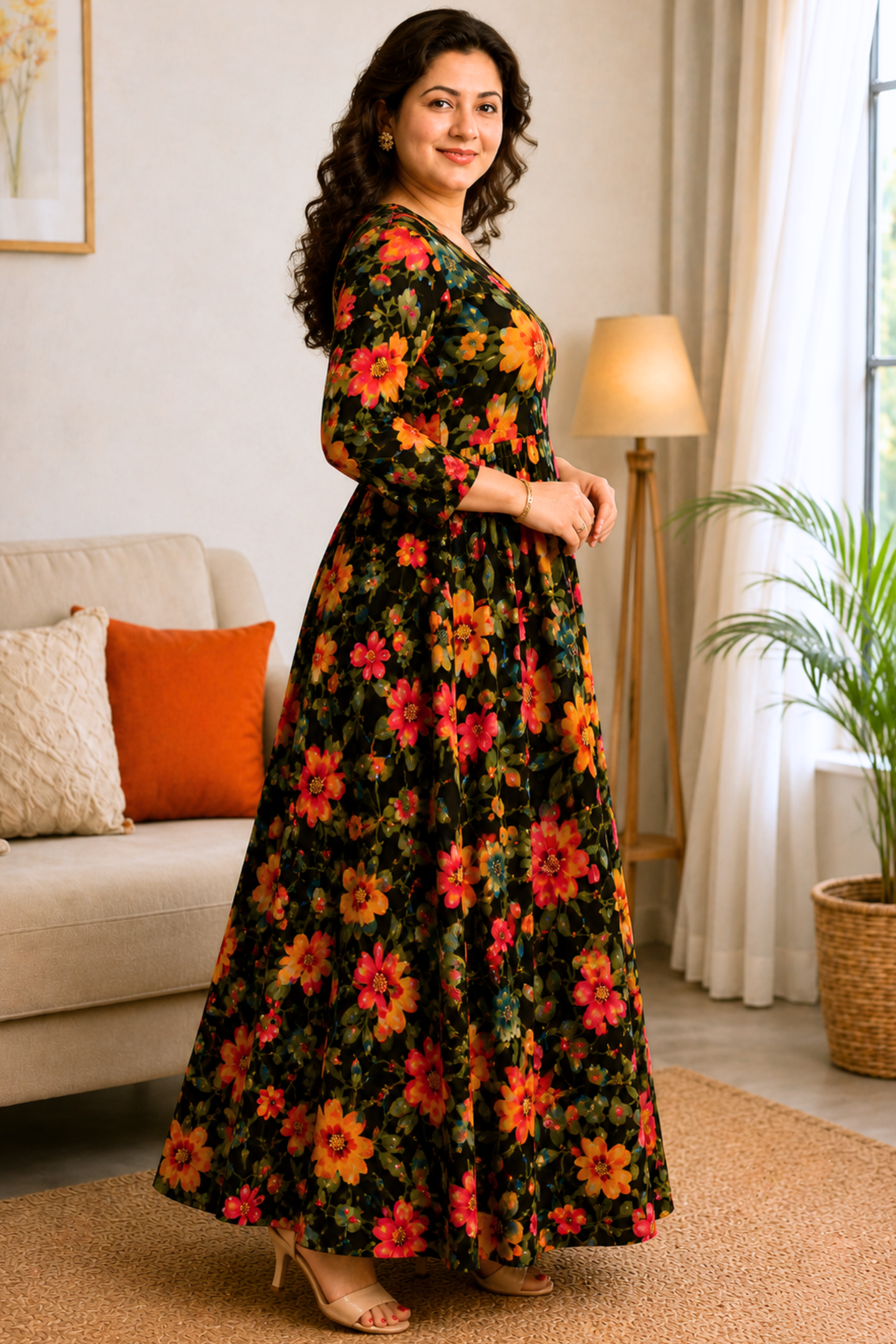 Midnight Fleur Foiled Rayon Dress With Pockets
