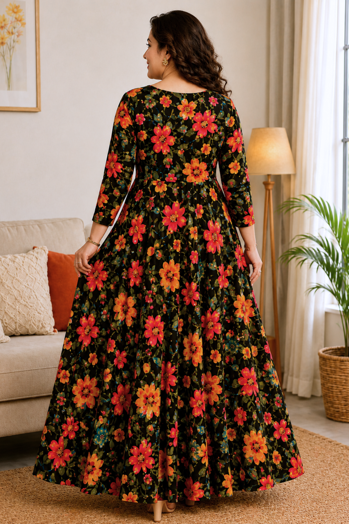 Midnight Fleur Foiled Rayon Dress With Pockets
