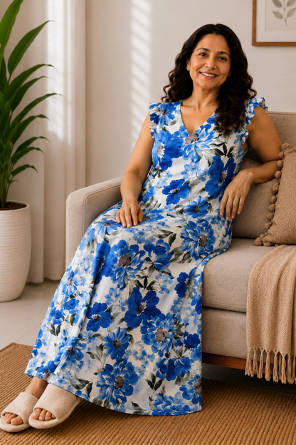 Azure Reverie Floral Lounge Dress