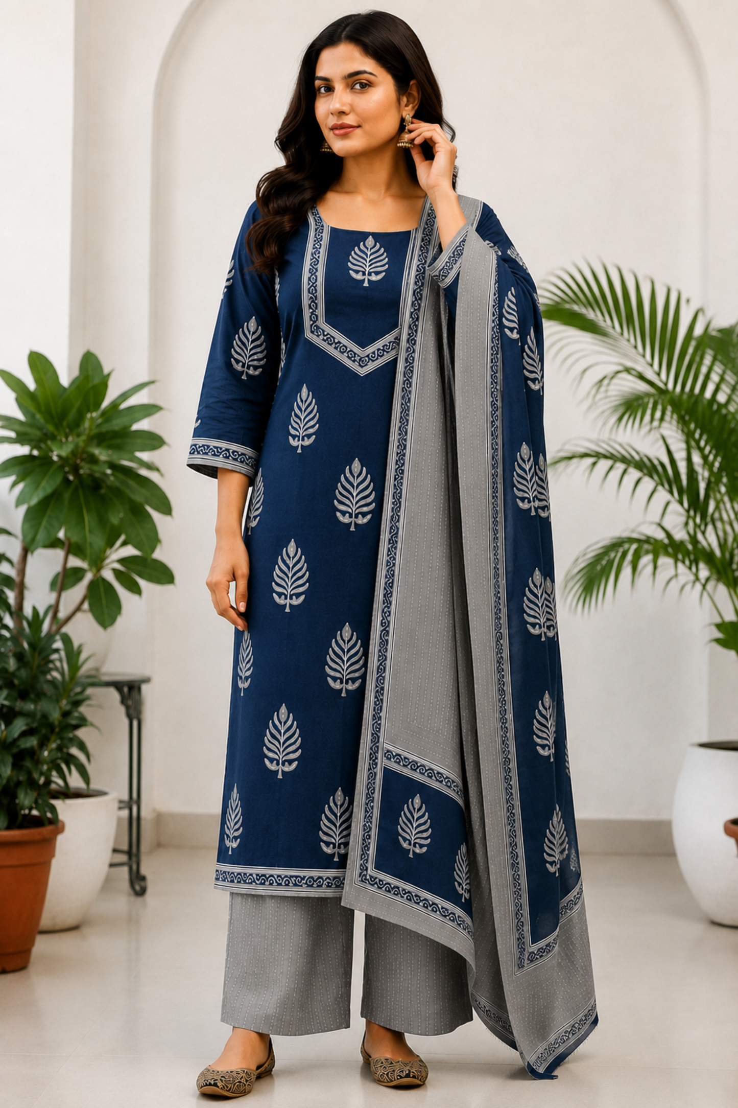 Indigo Sliver Cotton Printed Suit