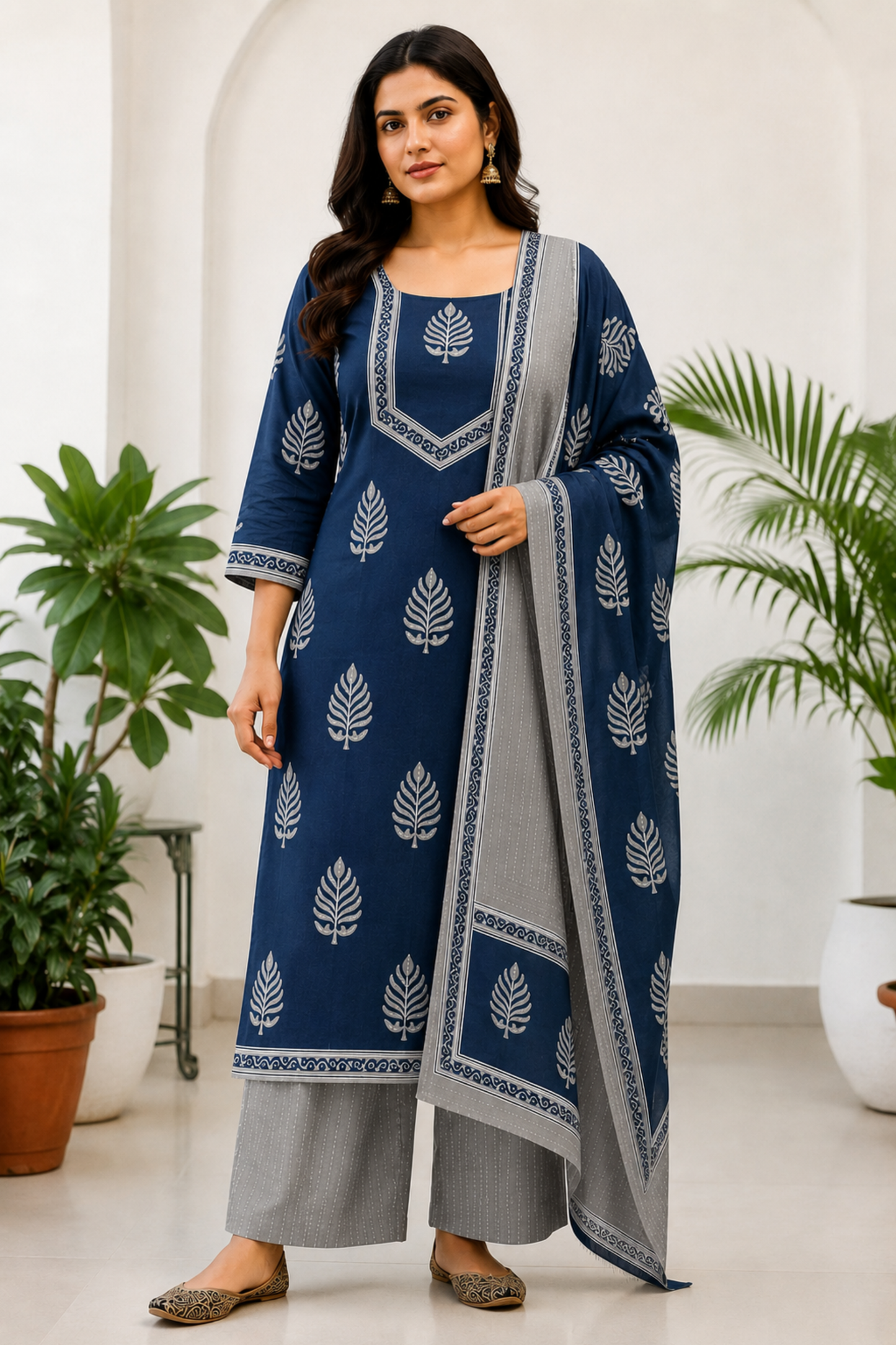Indigo Sliver Cotton Printed Suit