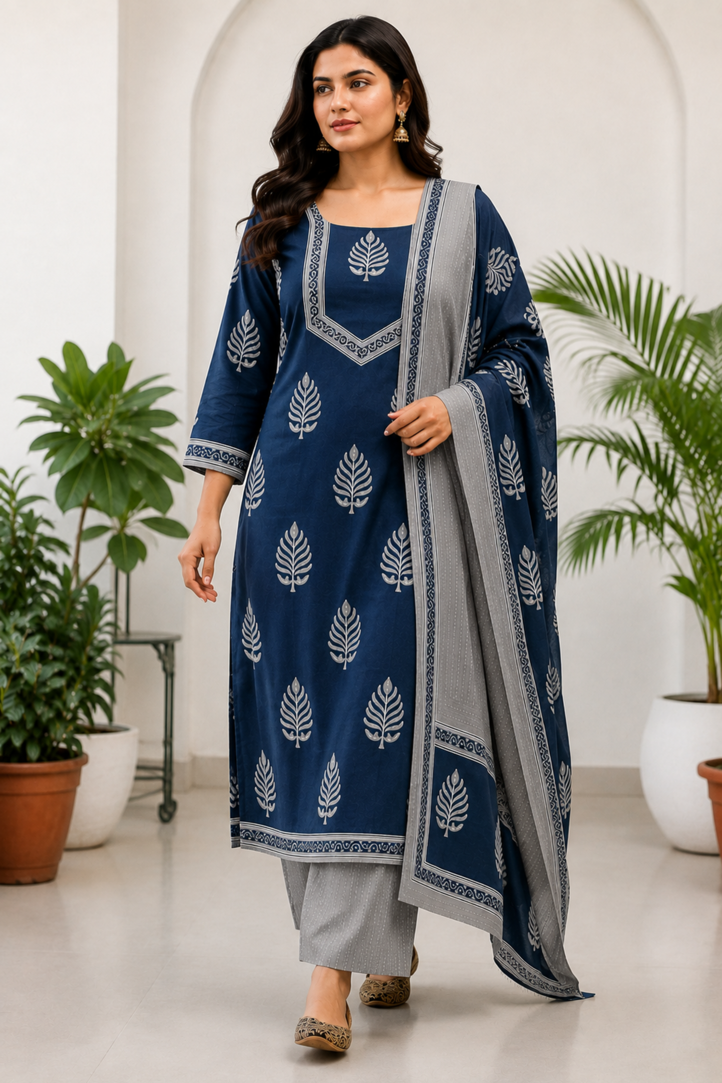 Indigo Sliver Cotton Printed Suit