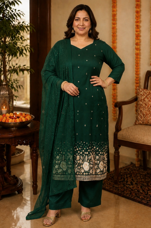 Green Panna Embroidered Fancy Suit