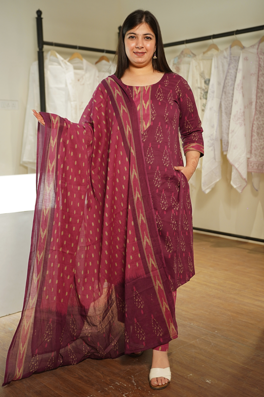 Crimson Grove Ikat Printed Cotton Suit Set