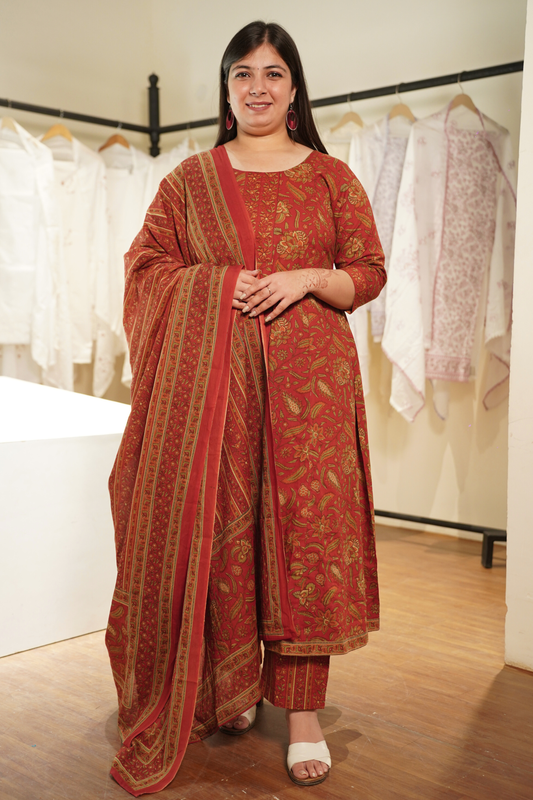Deep Maroon Kalamkari Kalidar Cotton Suit