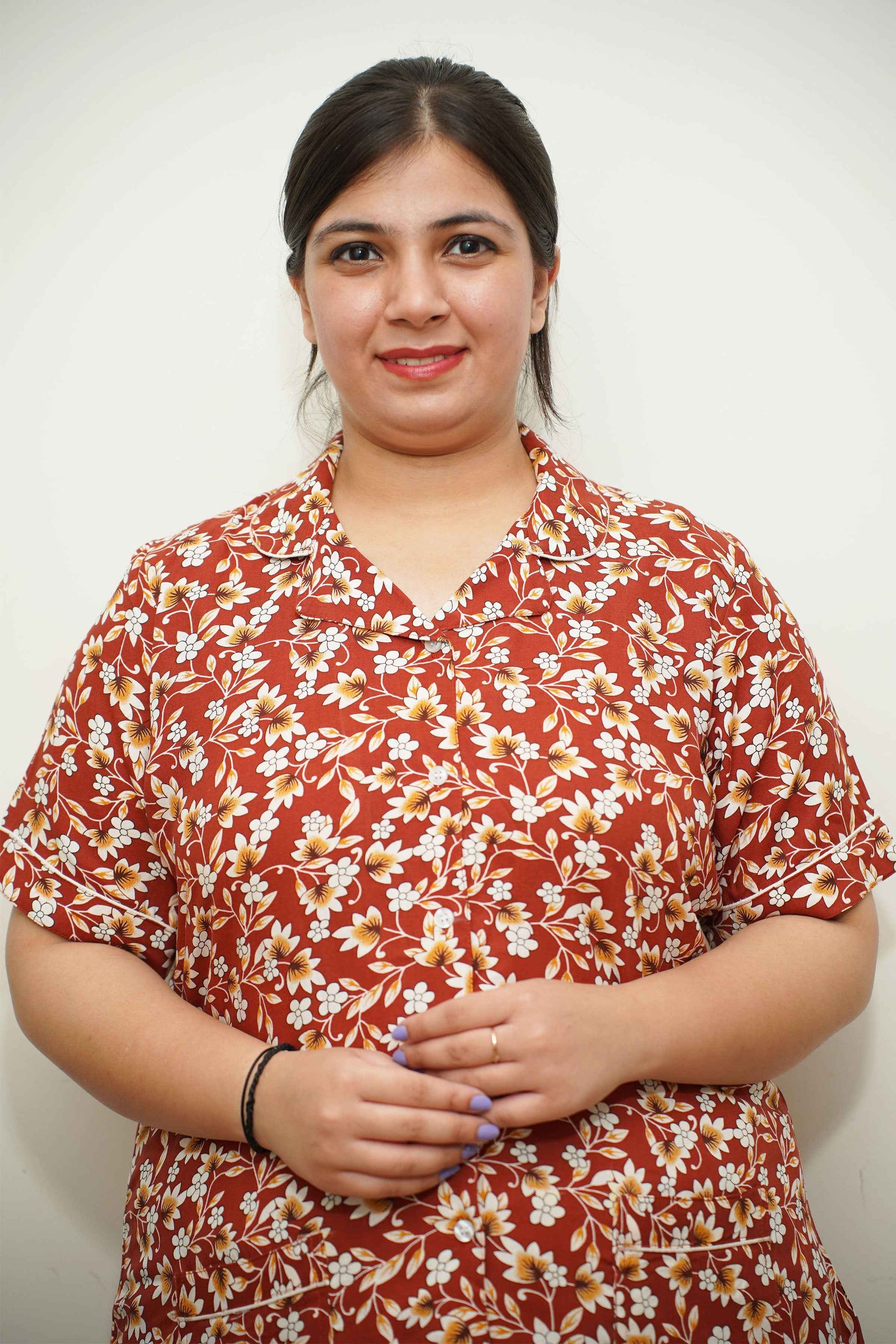 Earthy Brown Floral Night Suit