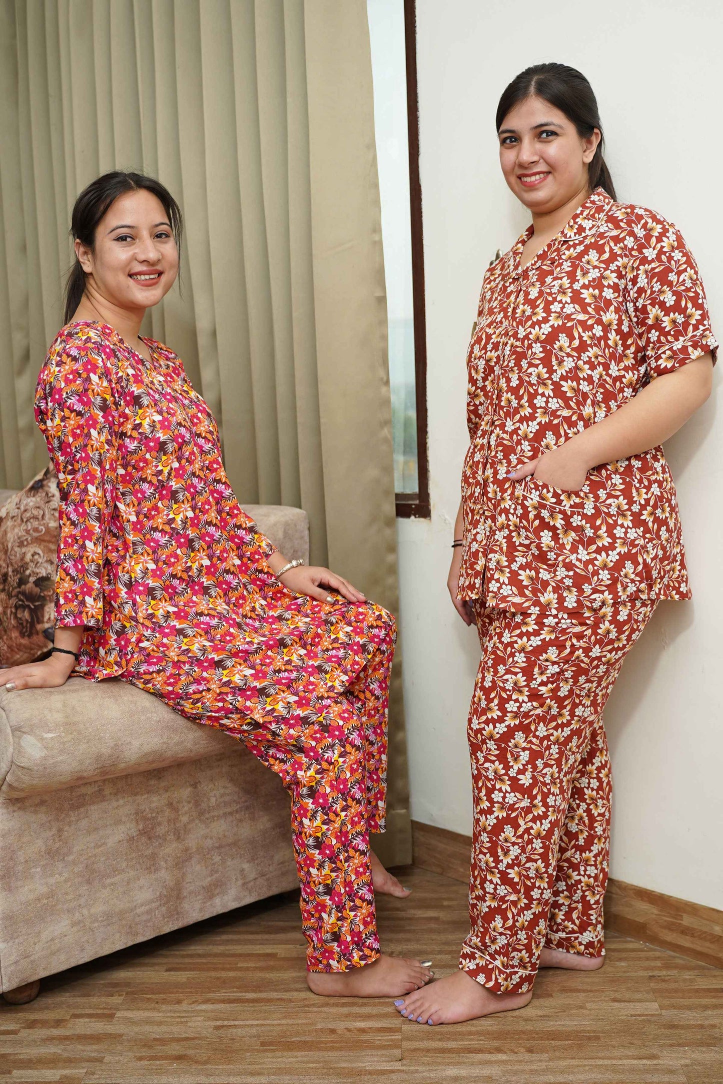 Earthy Brown Floral Night Suit