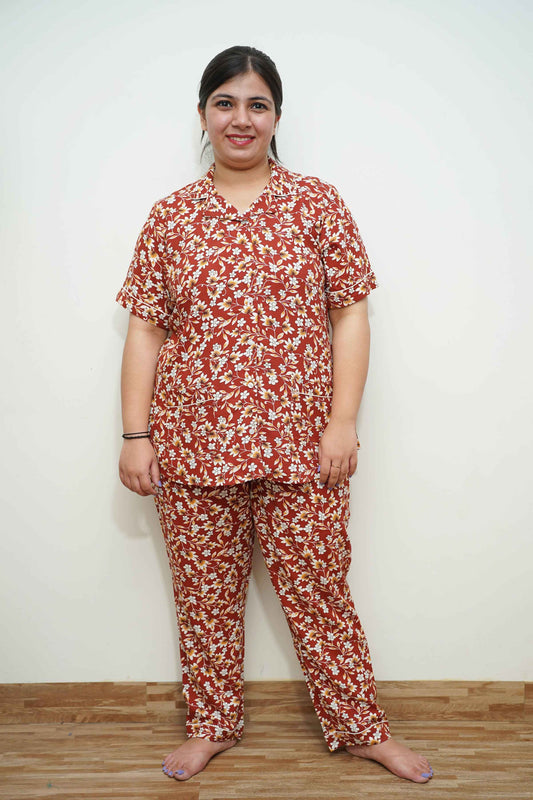 Earthy Brown Floral Night Suit