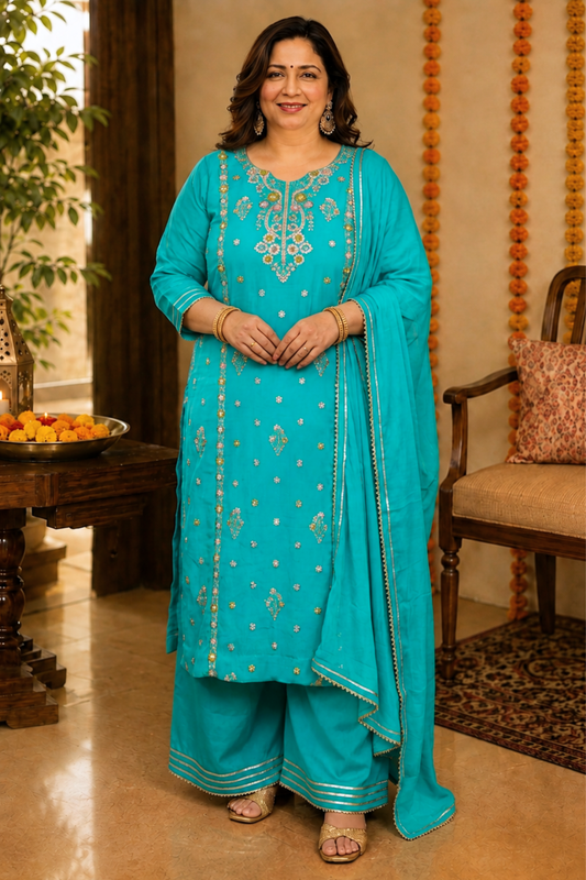 Taraani Blue Chinon Sharara Suit