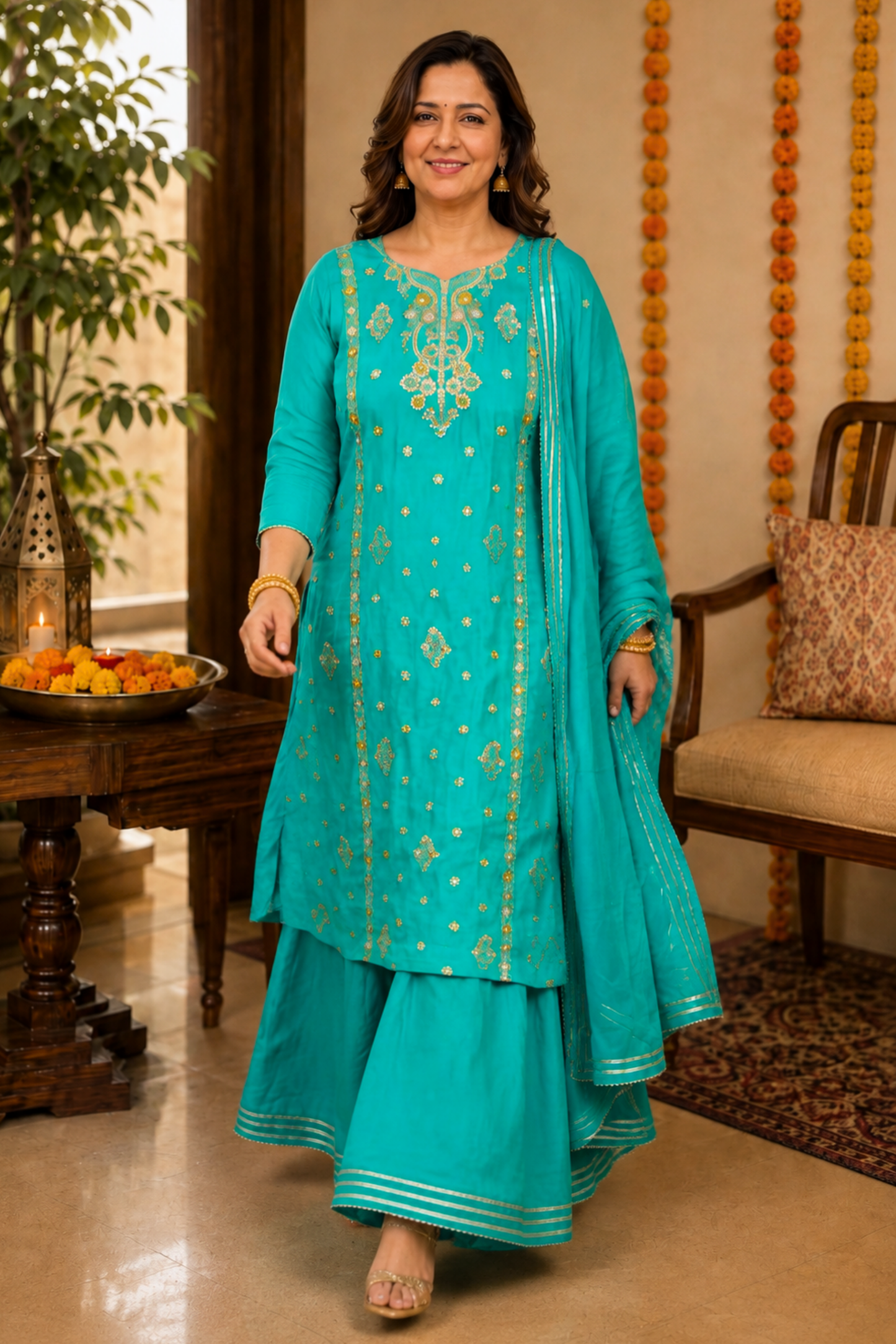 Dreamy Firozi Fancy Skirt Suit