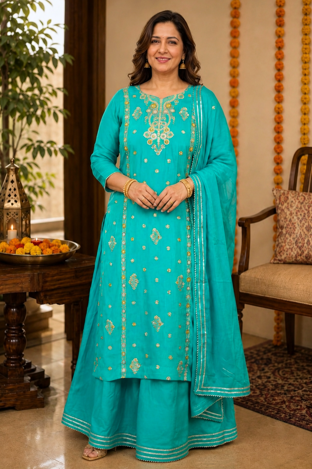 Dreamy Firozi Fancy Skirt Suit