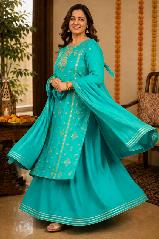 Dreamy Firozi Fancy Skirt Suit