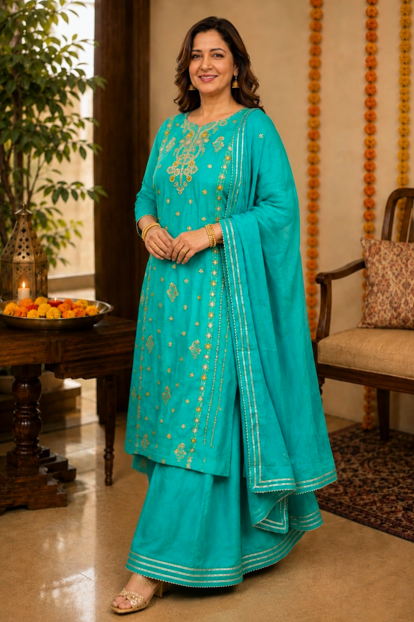 Dreamy Firozi Fancy Skirt Suit