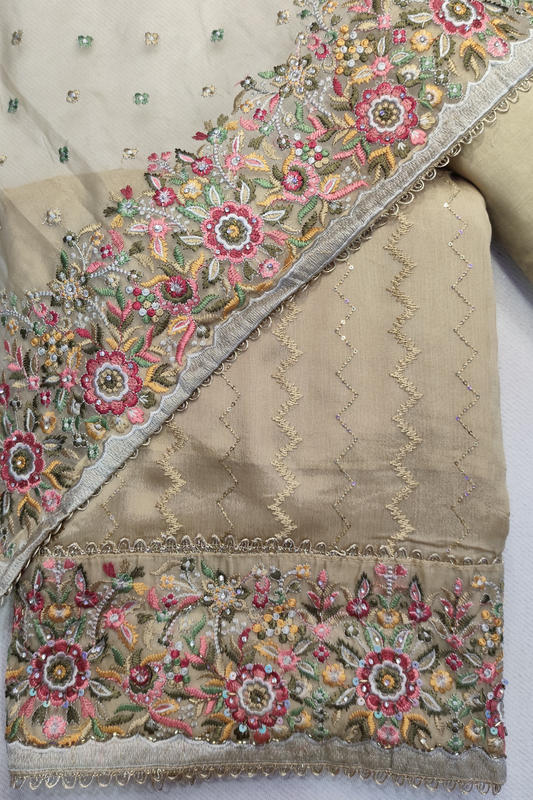 Gold Thread Embroidered Chinon Suit