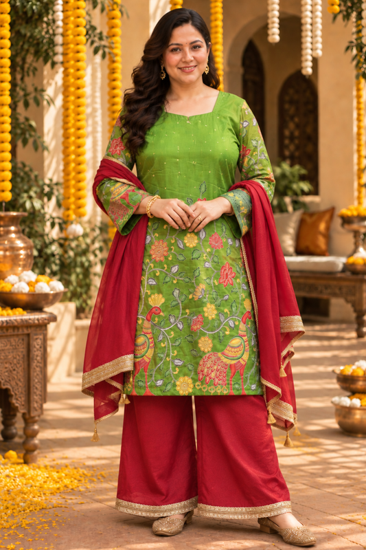 Yoshita Silk Suit Set with Peacock Motifs