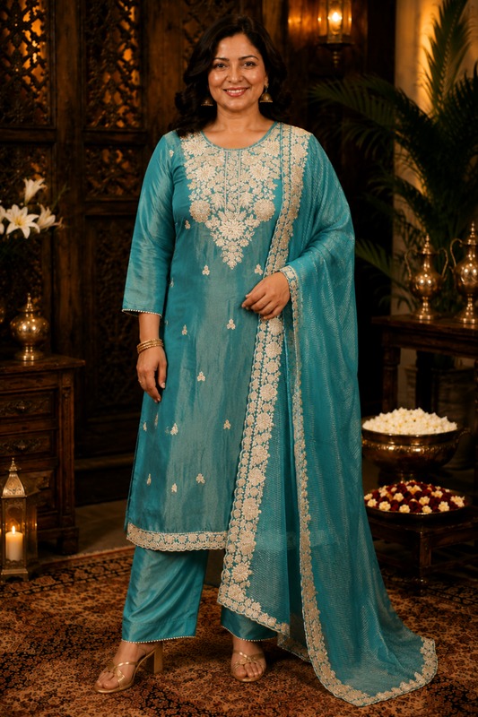 Nivisha Tissue Shimmer Suit With Zari Embroidery