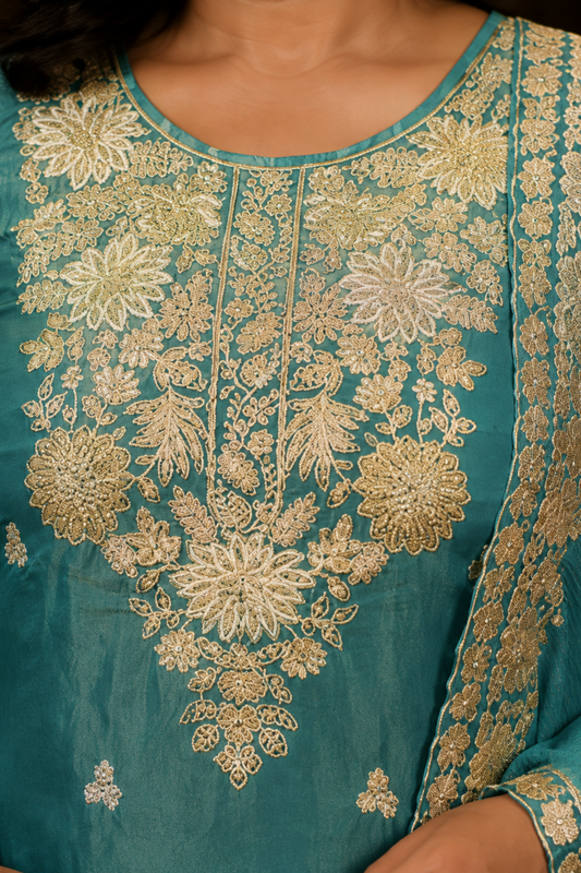 Nivisha Tissue Shimmer Suit With Zari Embroidery