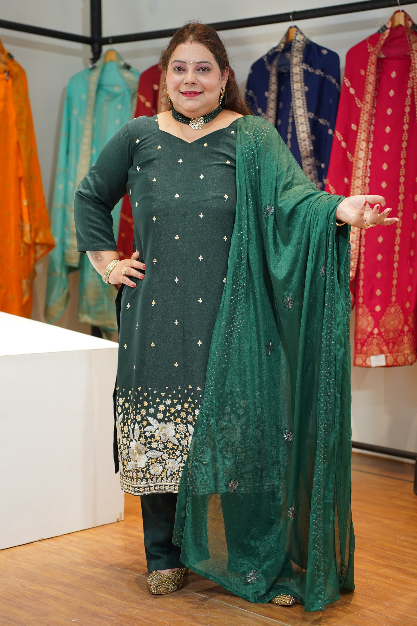Green Panna Embroidered Fancy Suit