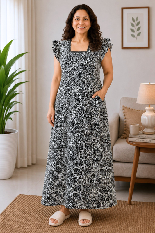 Noir Geometry Cotton Night Gown