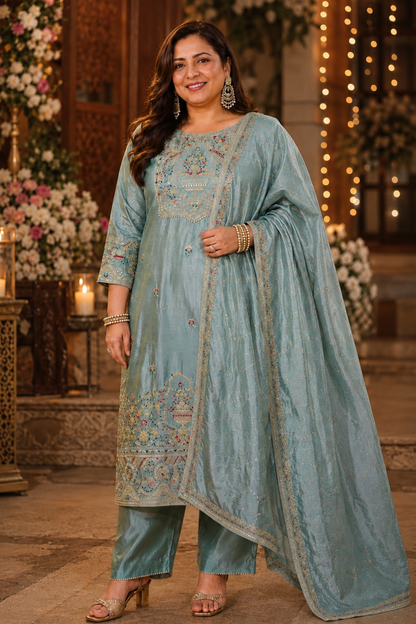Zareenah Tissue Shimmer Suit With Zari Embroidery