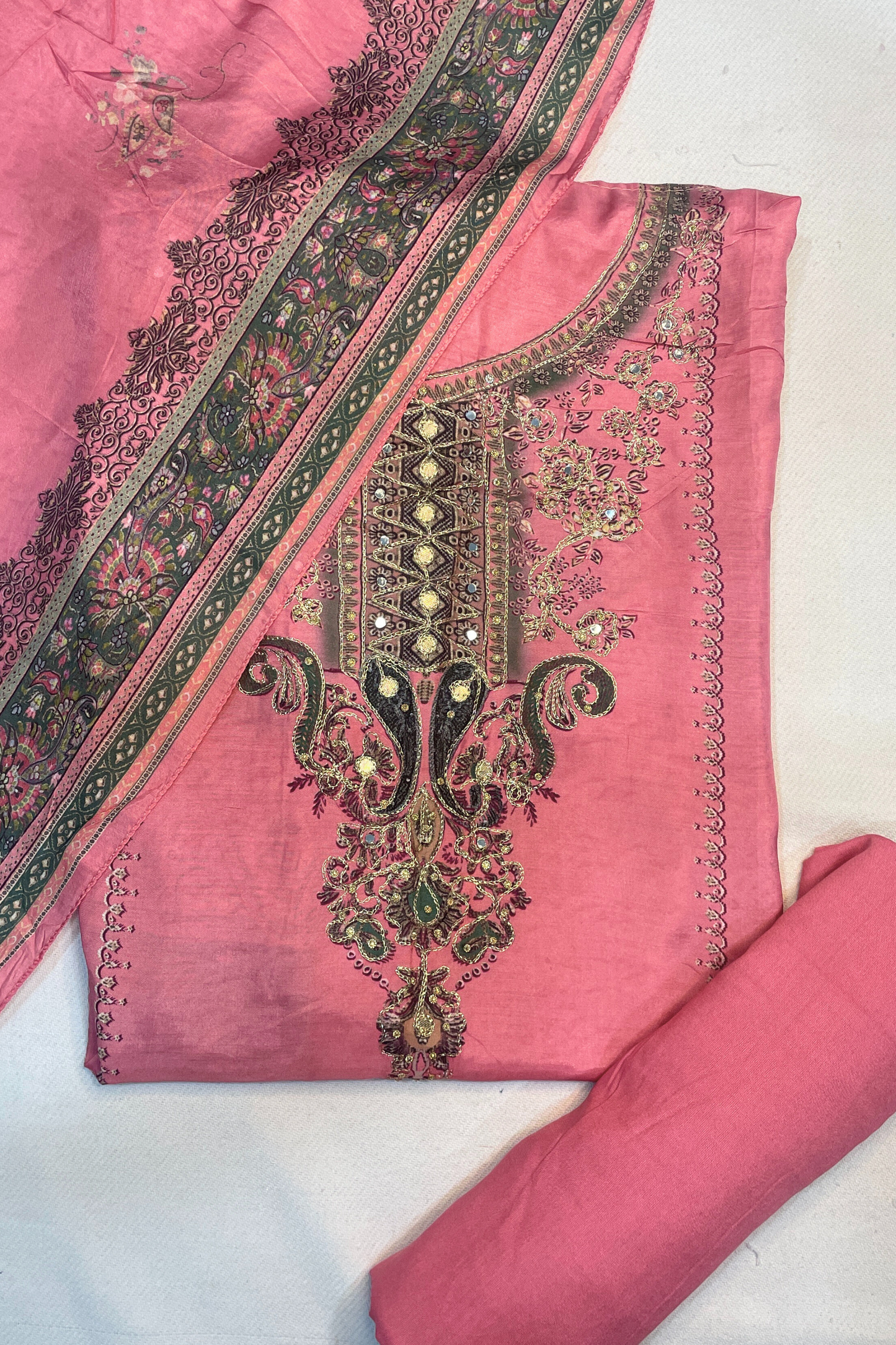 Gulnoor Karachi Muslin Dress Material with Aari Work