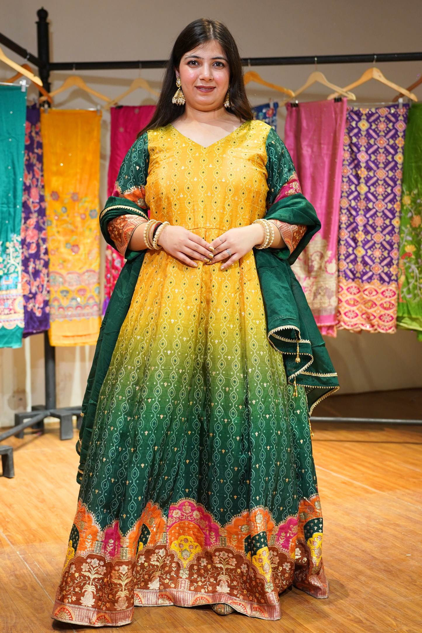 Haldi Henna Ombre Dress in Jacquard Silk