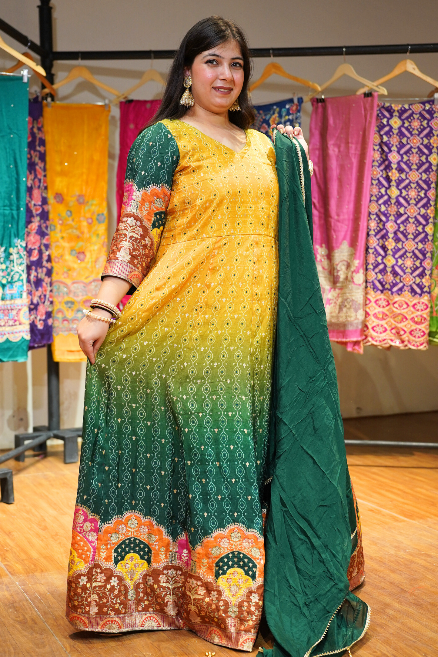 Haldi Henna Ombre Dress in Jacquard Silk