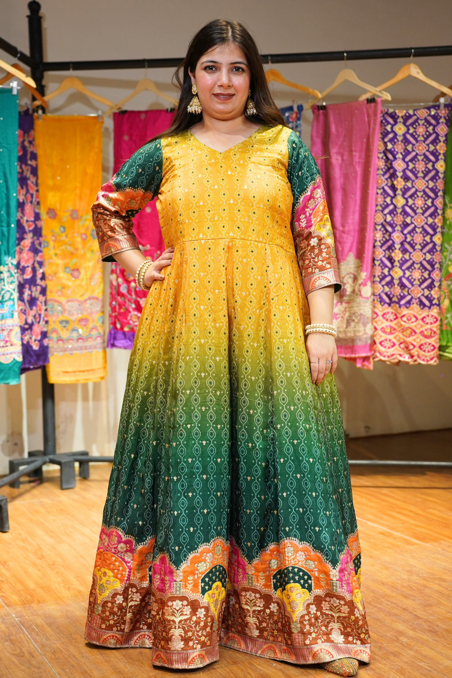 Haldi Henna Ombre Dress in Jacquard Silk