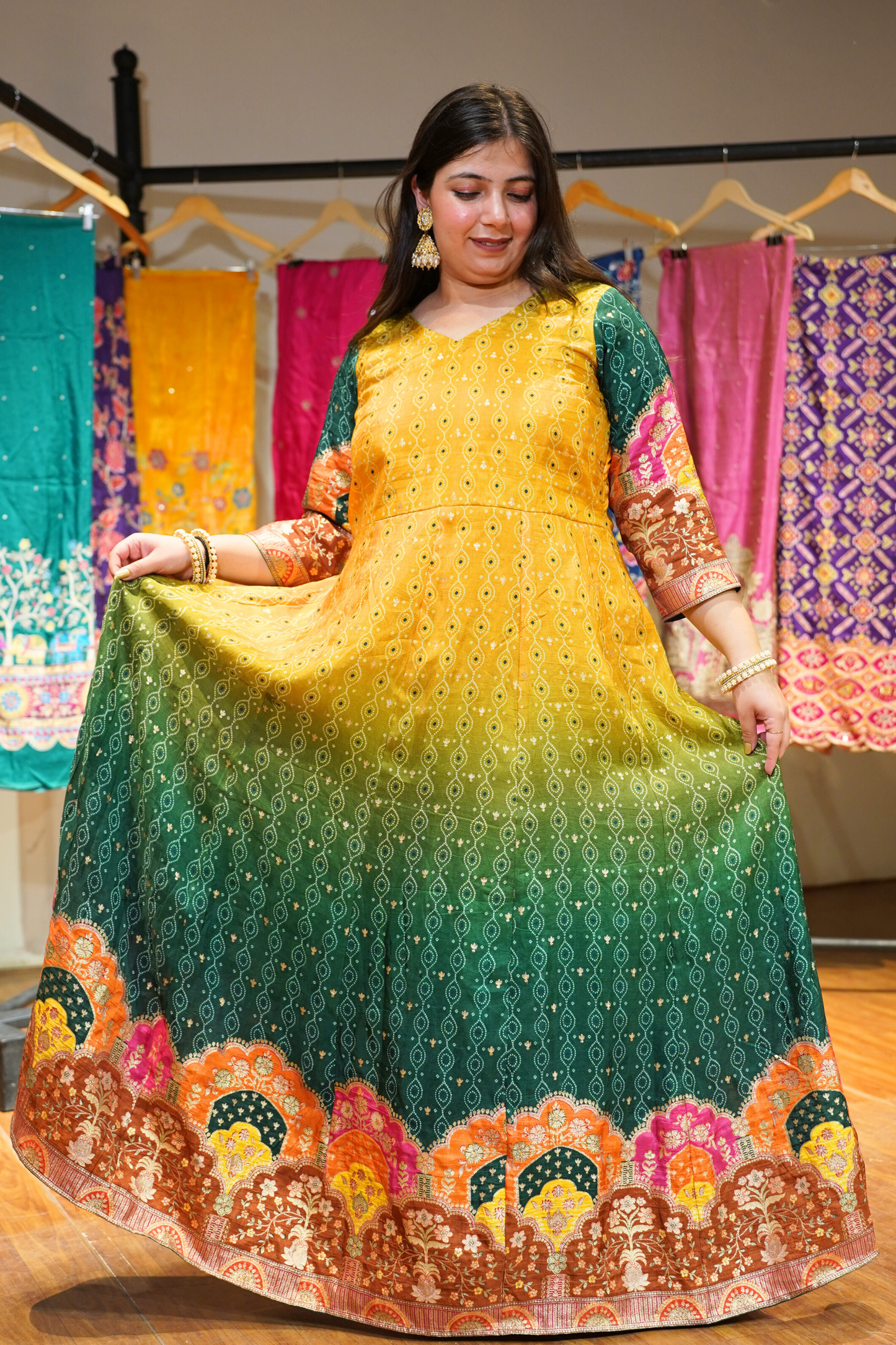 Haldi Henna Ombre Dress in Jacquard Silk