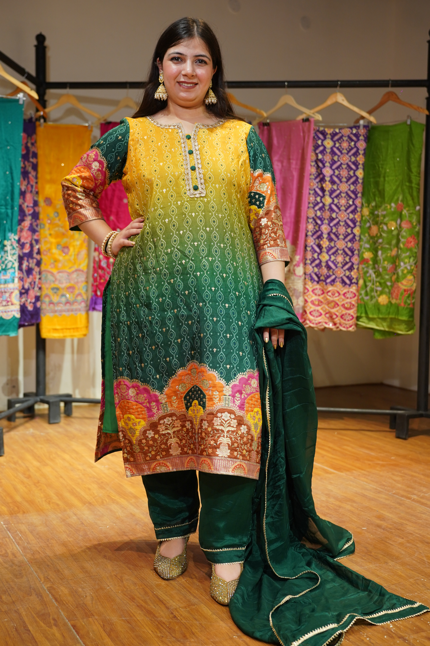 Haldi Henna Ombre Suit in Jacquard Silk