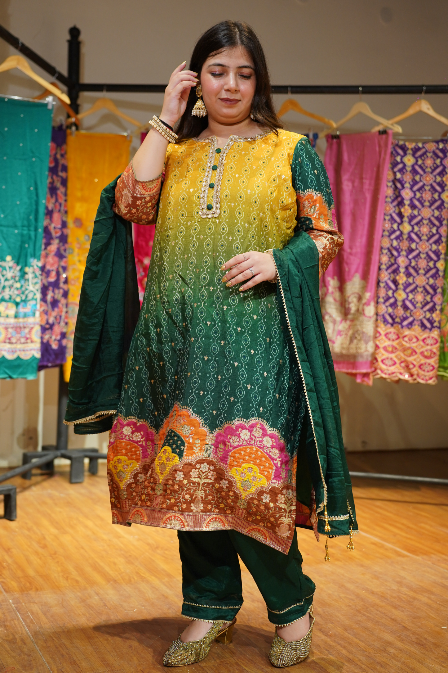 Haldi Henna Ombre Suit in Jacquard Silk