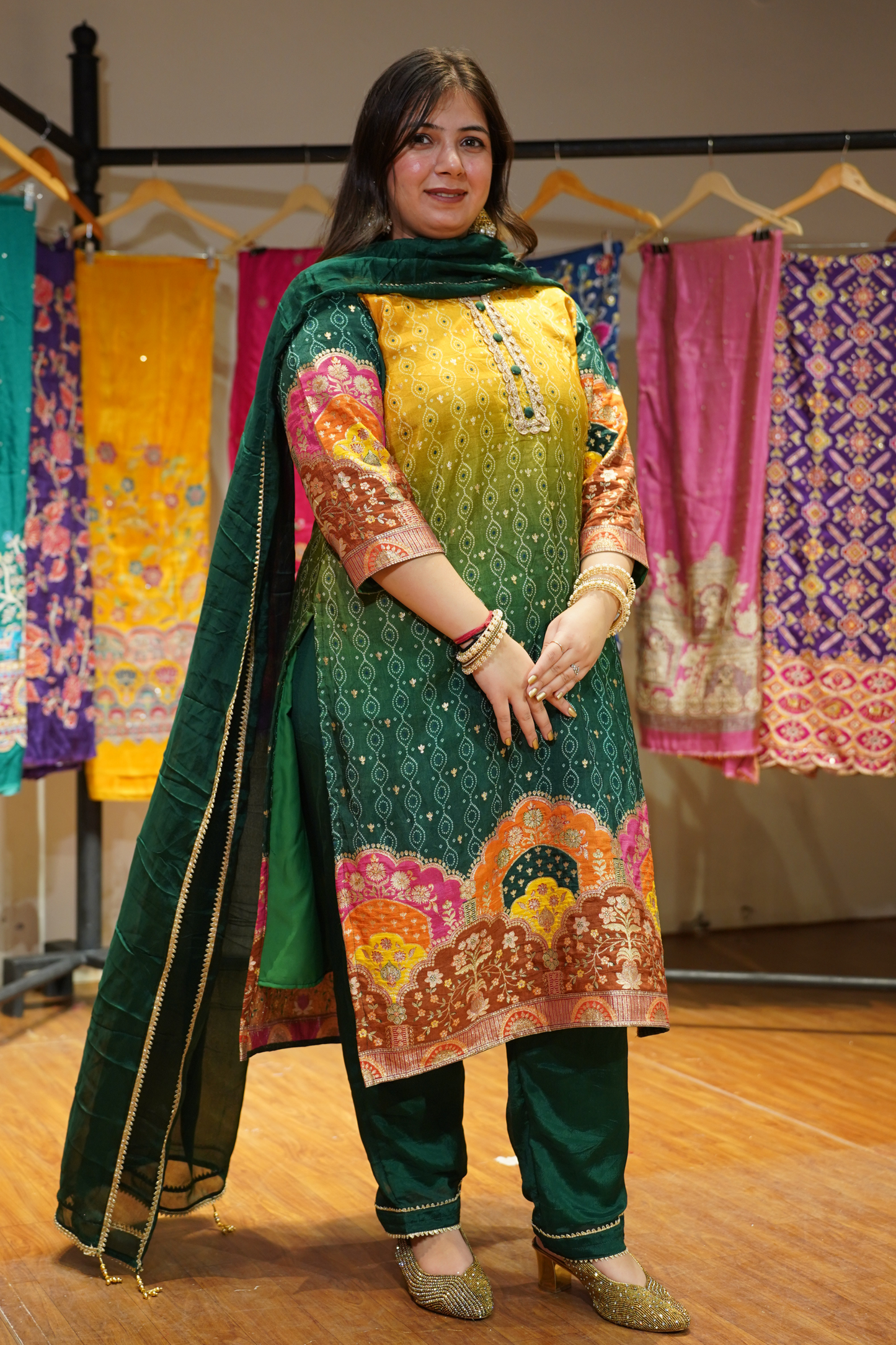 Haldi Henna Ombre Suit in Jacquard Silk