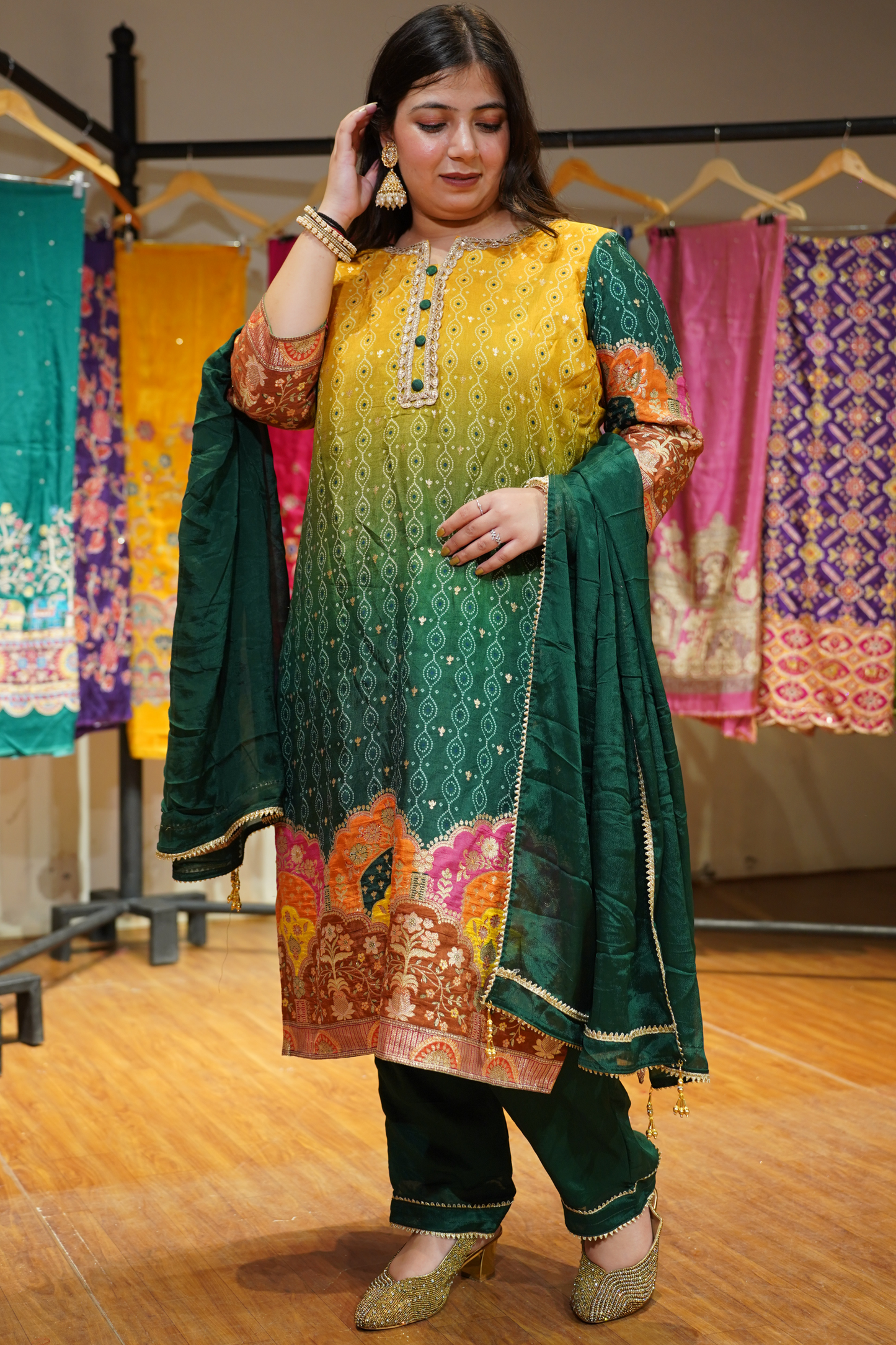 Haldi Henna Ombre Suit in Jacquard Silk