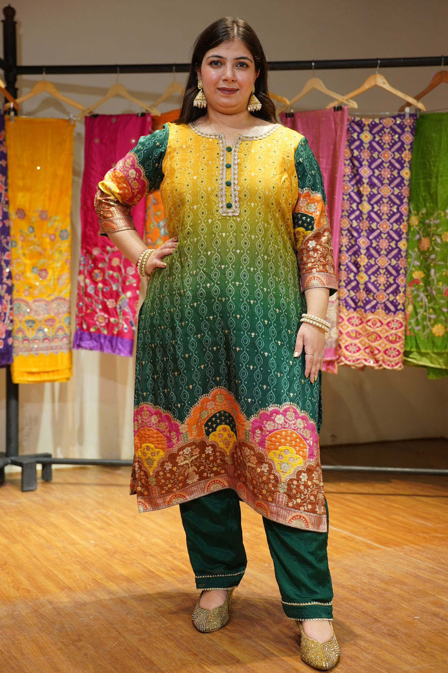 Haldi Henna Ombre Suit in Jacquard Silk