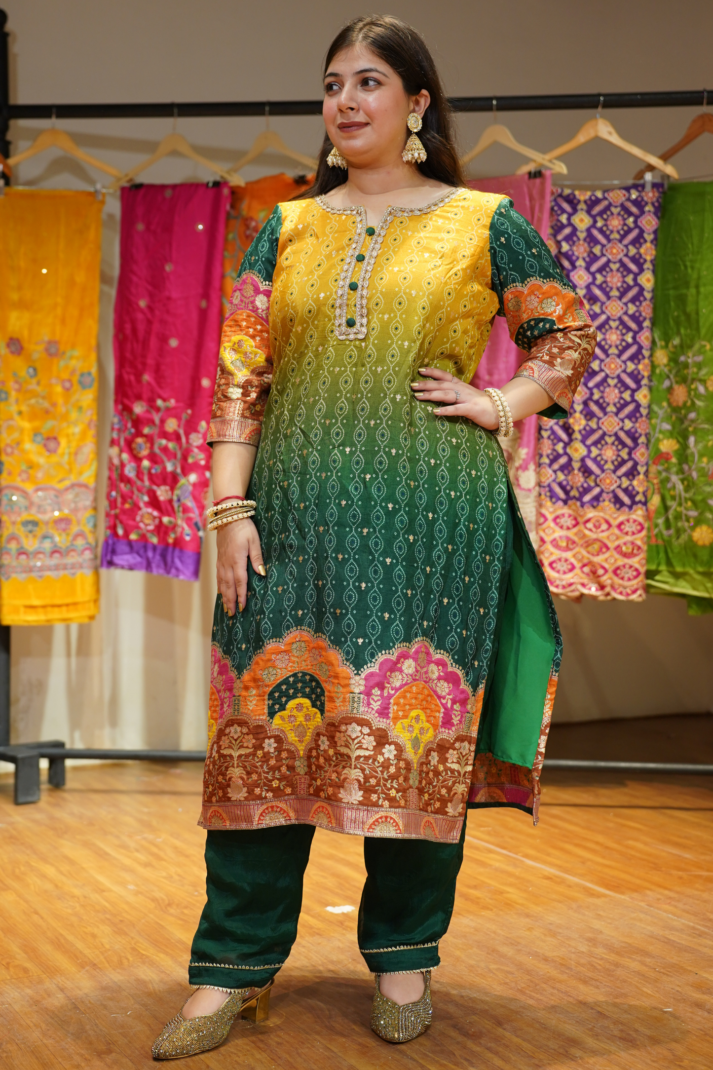 Haldi Henna Ombre Suit in Jacquard Silk