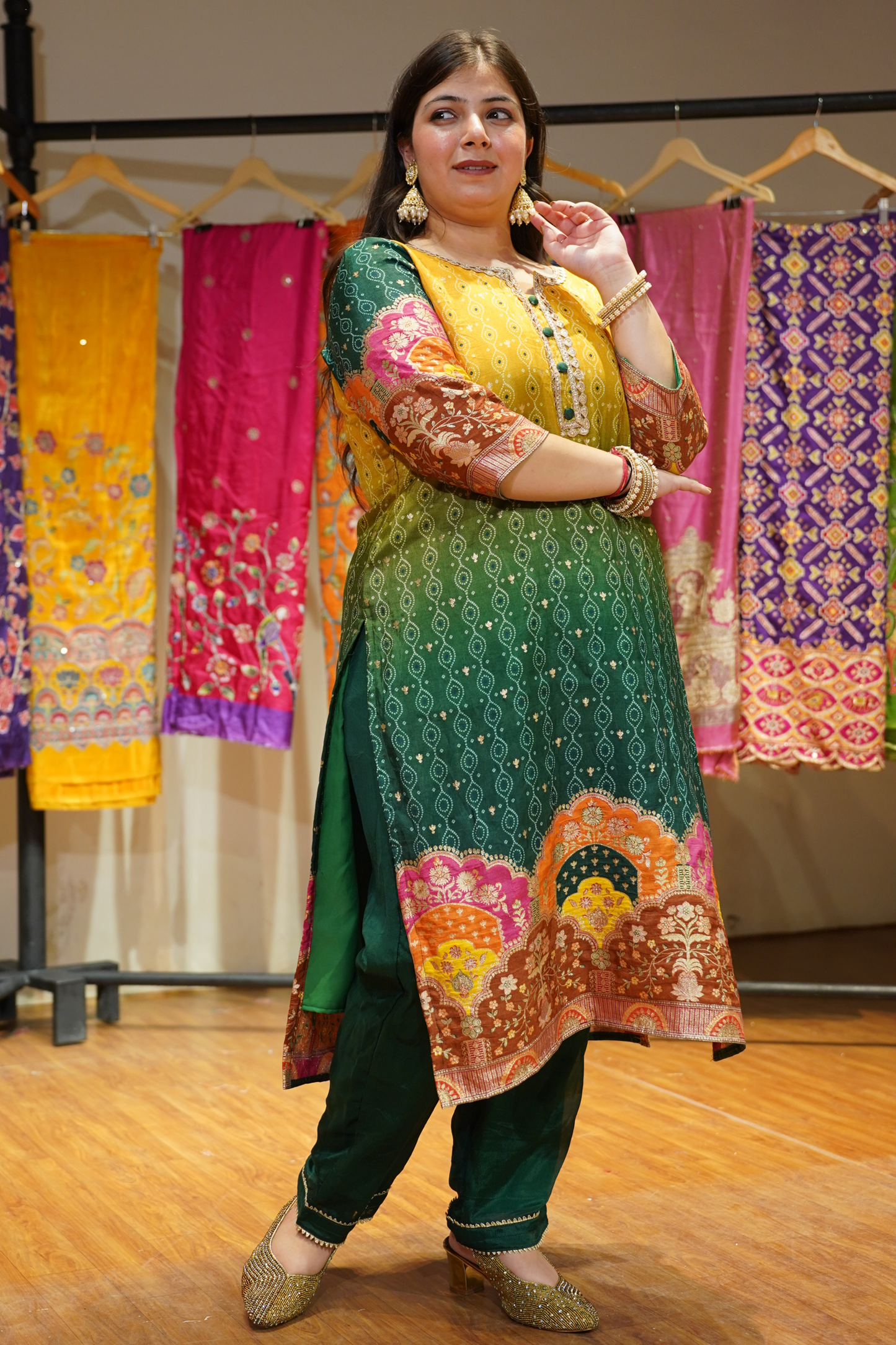 Haldi Henna Ombre Suit in Jacquard Silk