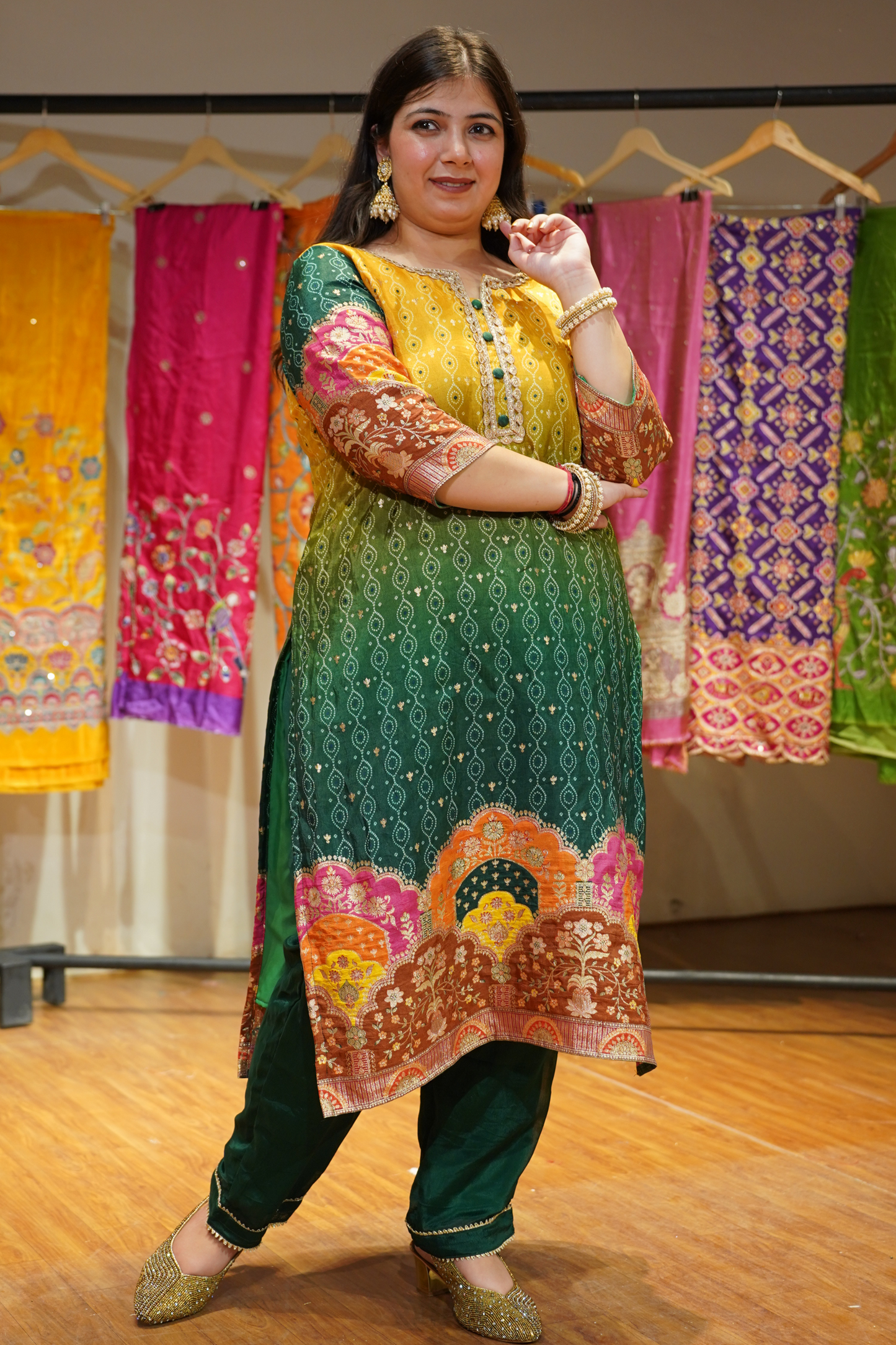 Haldi Henna Ombre Suit in Jacquard Silk
