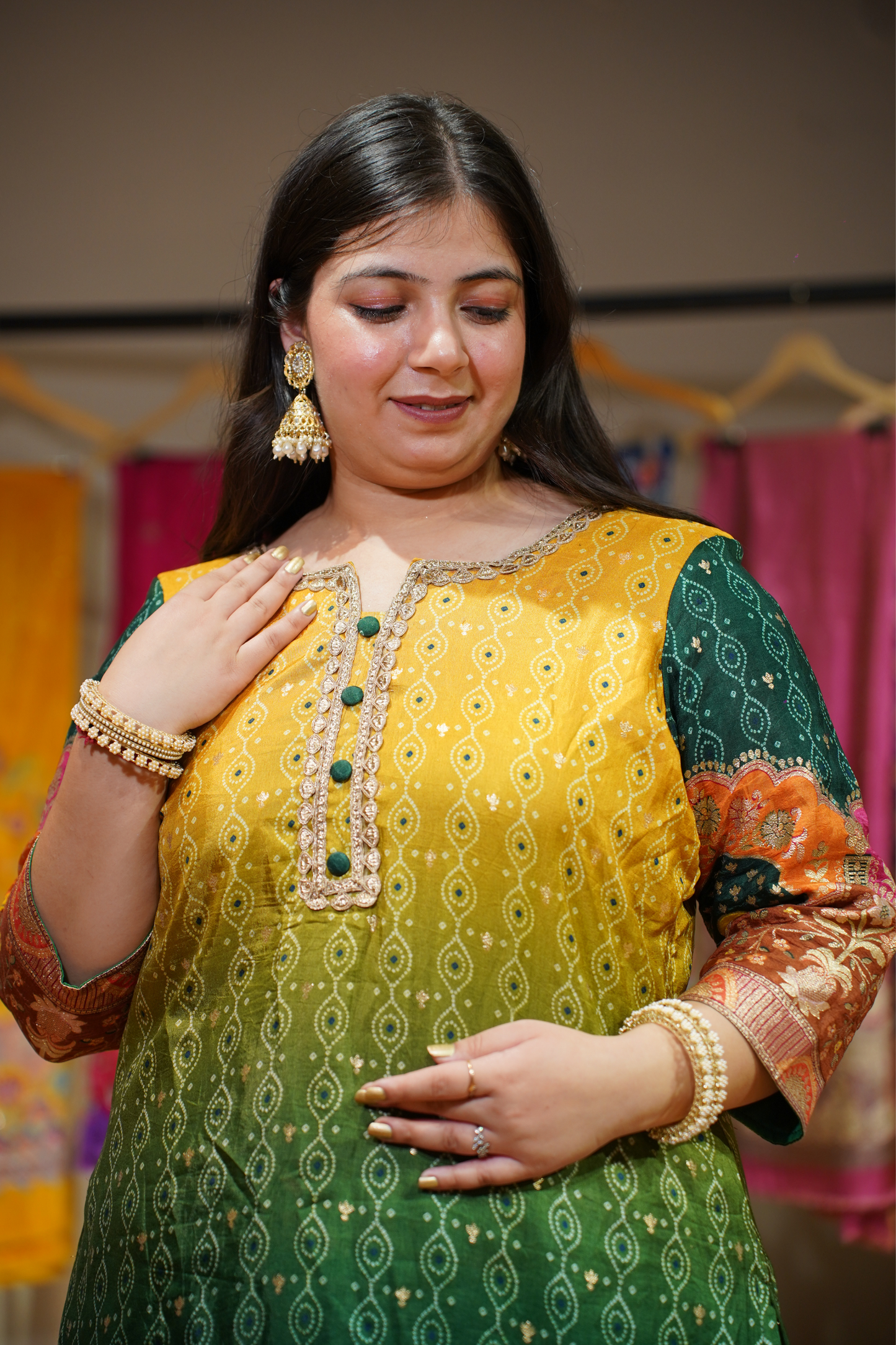 Haldi Henna Ombre Suit in Jacquard Silk