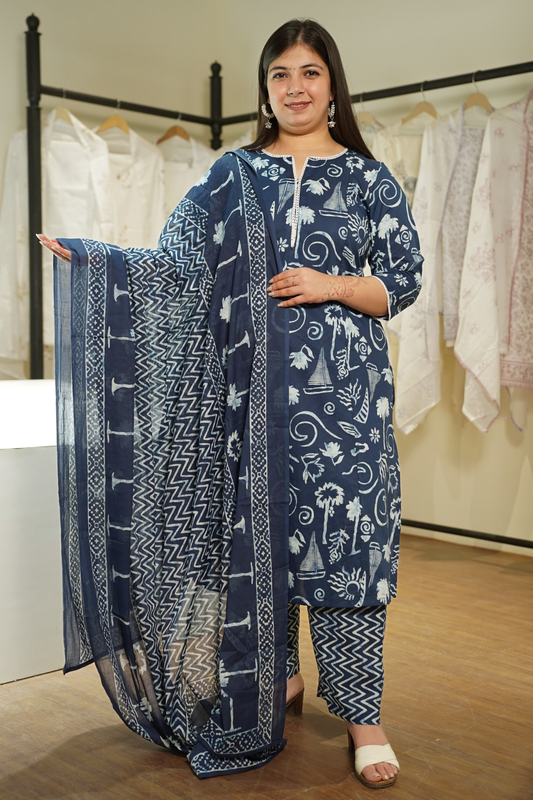 Indigo Kalamkari A-line Cotton Suit Set
