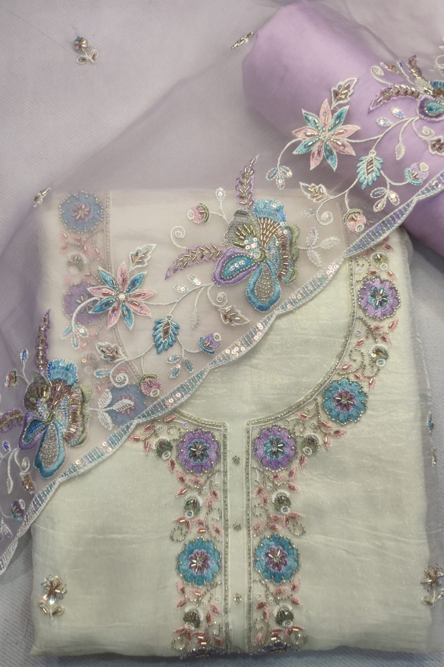 Ivory Mauve Tissue Shimmer Suit with Handwork