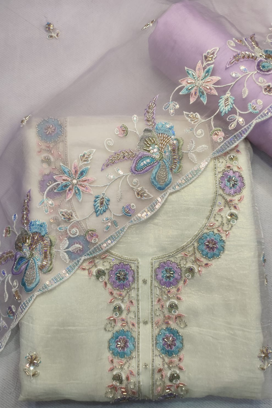 Ivory Mauve Tissue Shimmer Suit with Handwork