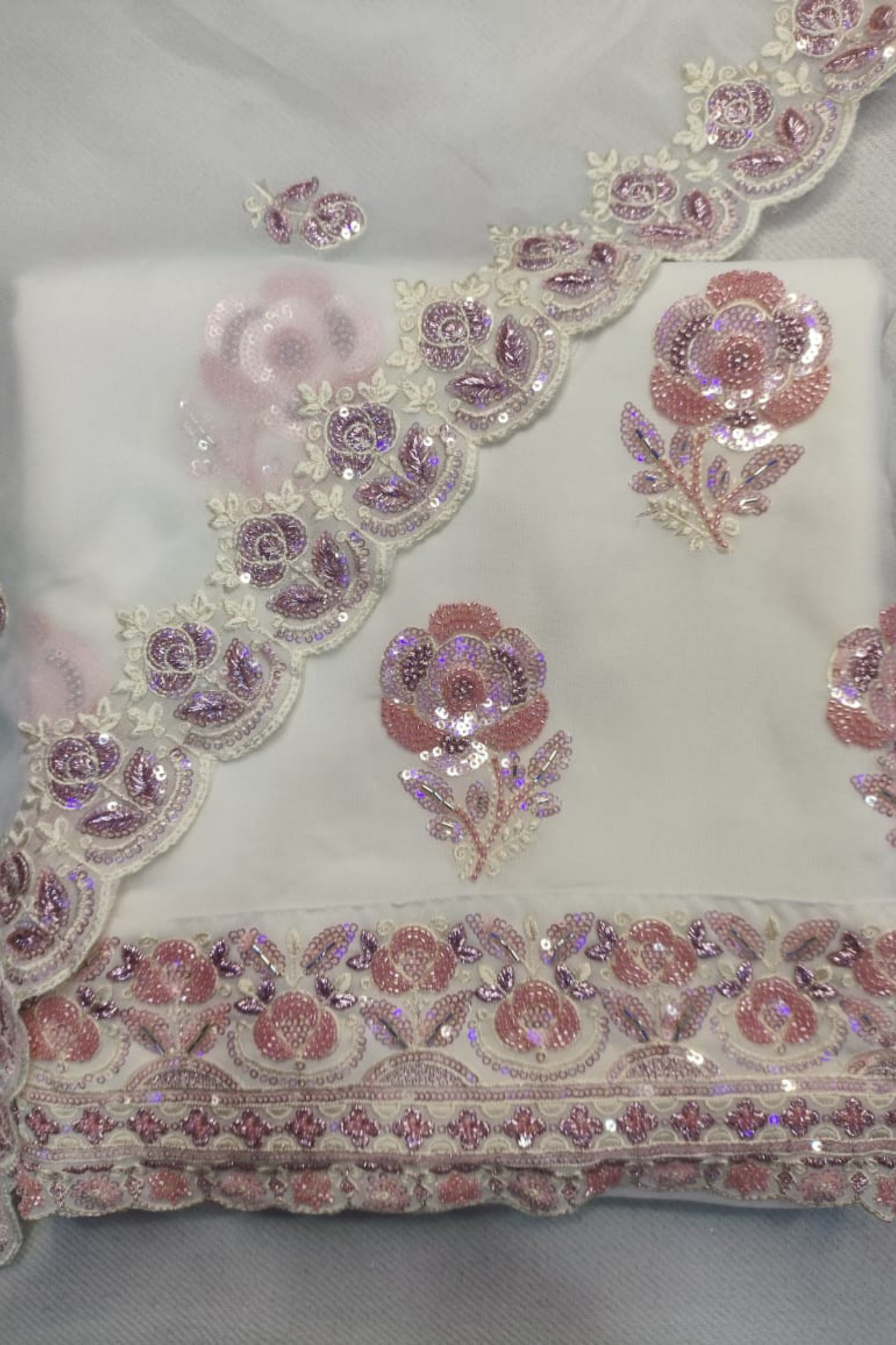 Ivory Pink Pure Georgette Suit with Handwork