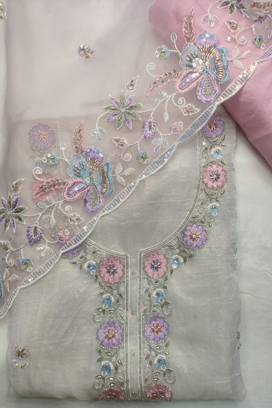 Ivory Pink Tissue Shimmer Suit with Handwork