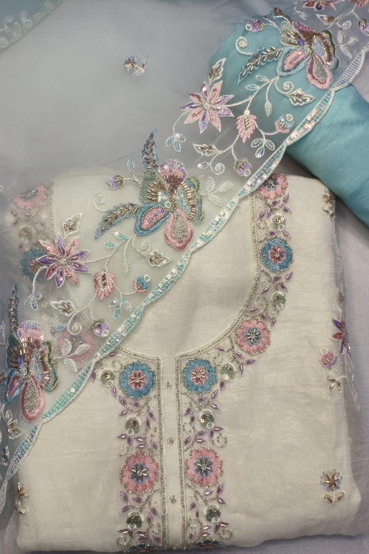Ivory Sky Tissue Shimmer Suit with Handwork
