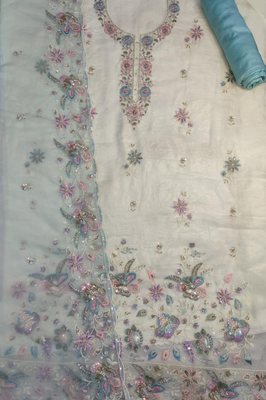 Ivory Sky Tissue Shimmer Suit with Handwork