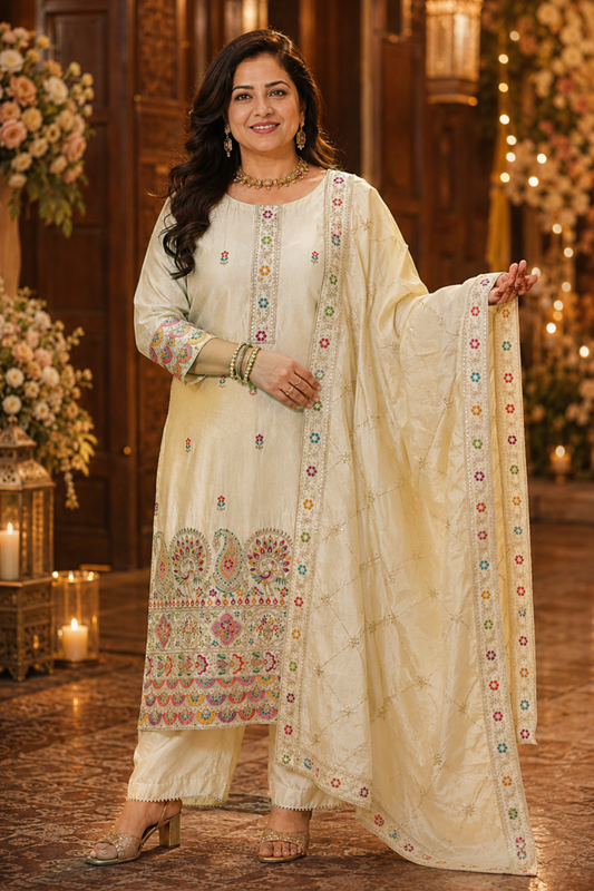 Vahini Ivory Tissue Shimmer Suit with Zari Embroidery