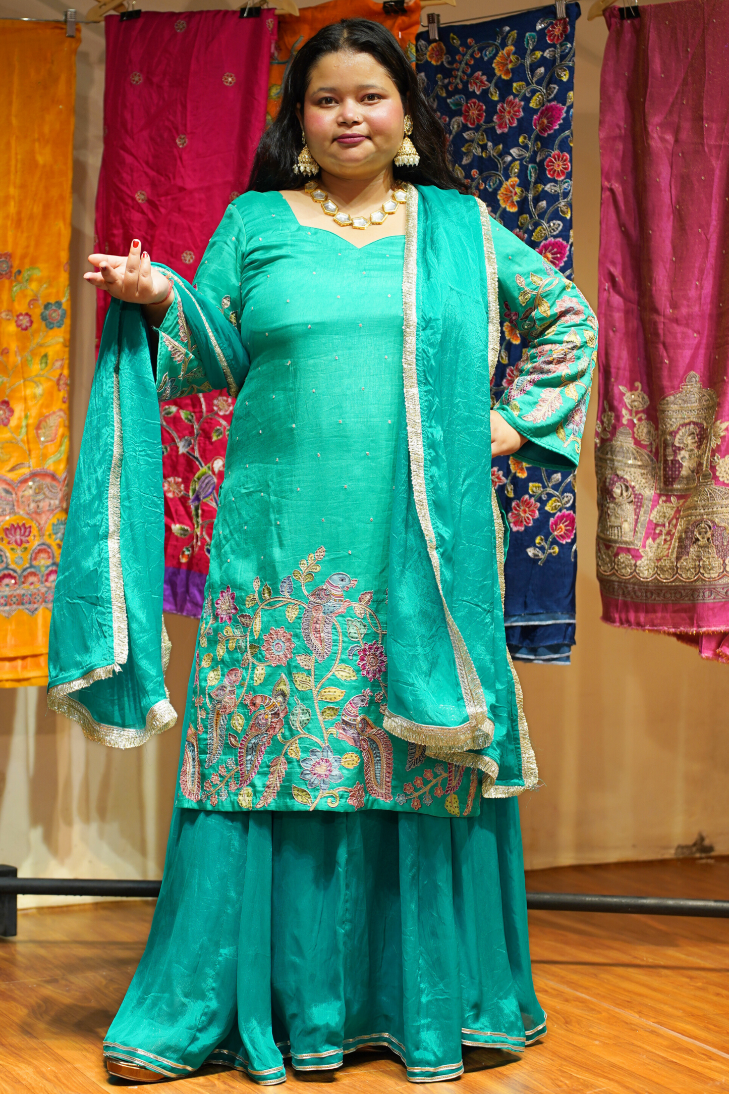 Kamya Silk Sharara Suit with Peacock Motifs